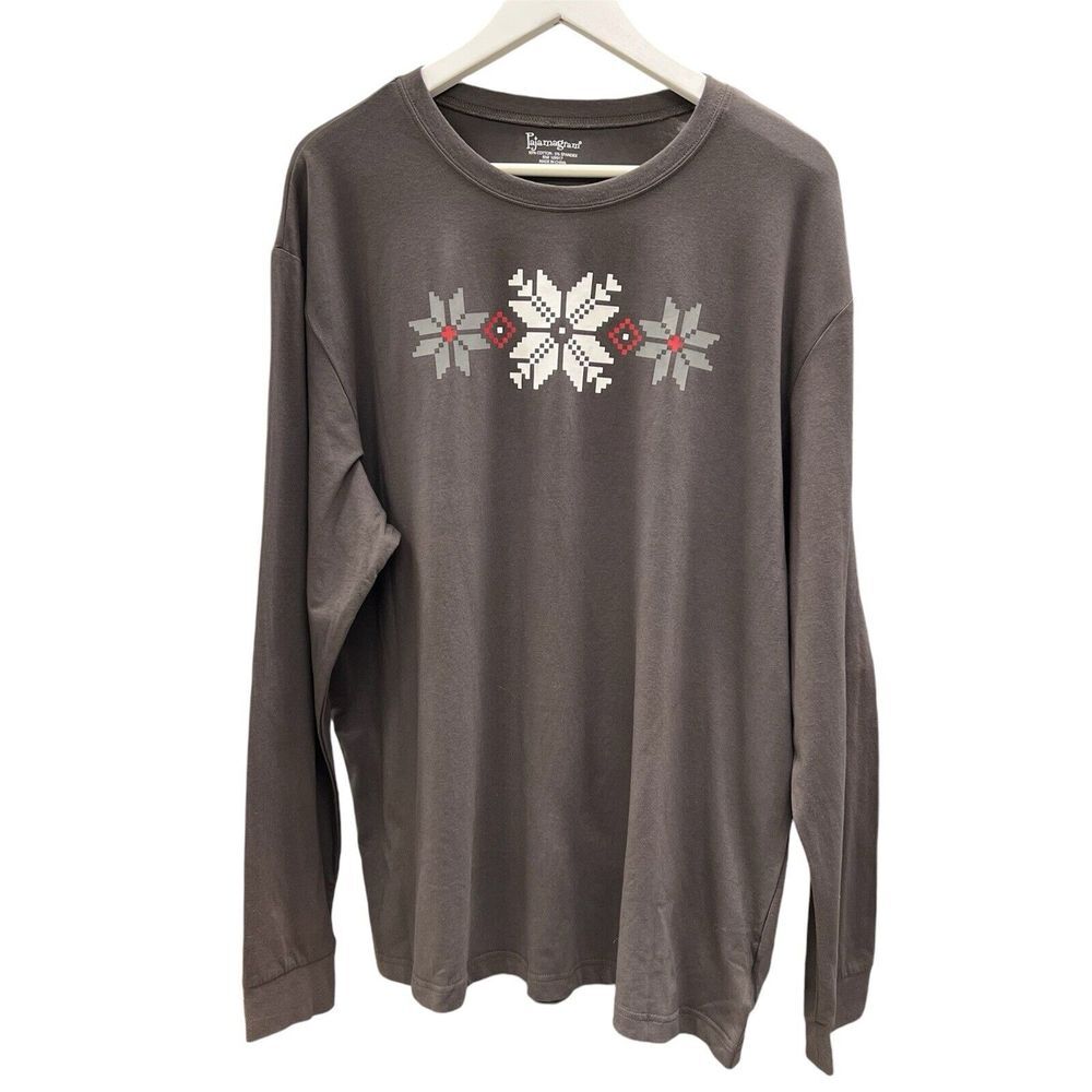 Pajamagram Mens‎ Long Sleeve Gray Fair Isle Pajama Shirt Size L Holiday - 534